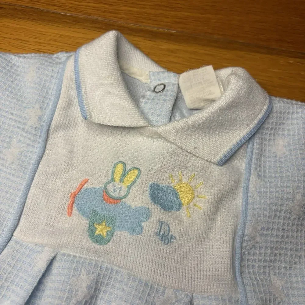 Vintage Baby Dior Footed Romper Medium 12-17 Lbs Blue Airplane Bunny Sleepsuit